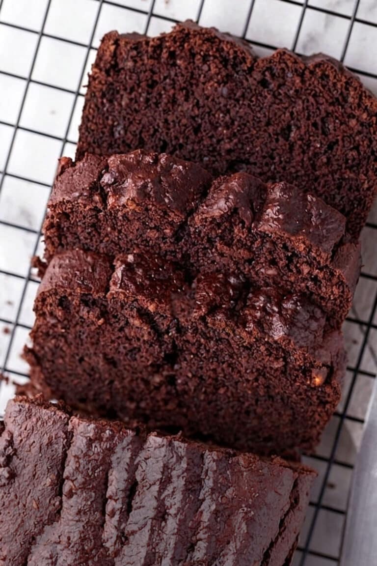 Three thick slices of moist chocolate zucchini bread are arranged on a black wire cooling rack, showing a rich, fudgy texture and a deep brown color.