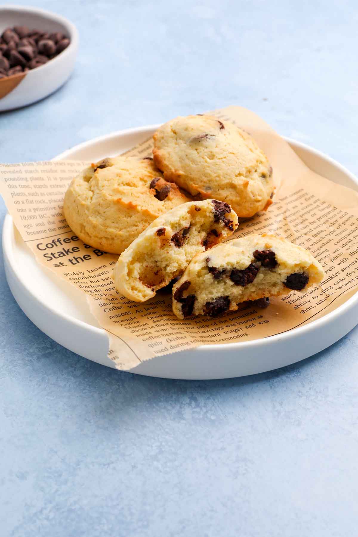 Freshly baked egg-free cookies with chocolate chips on a plate