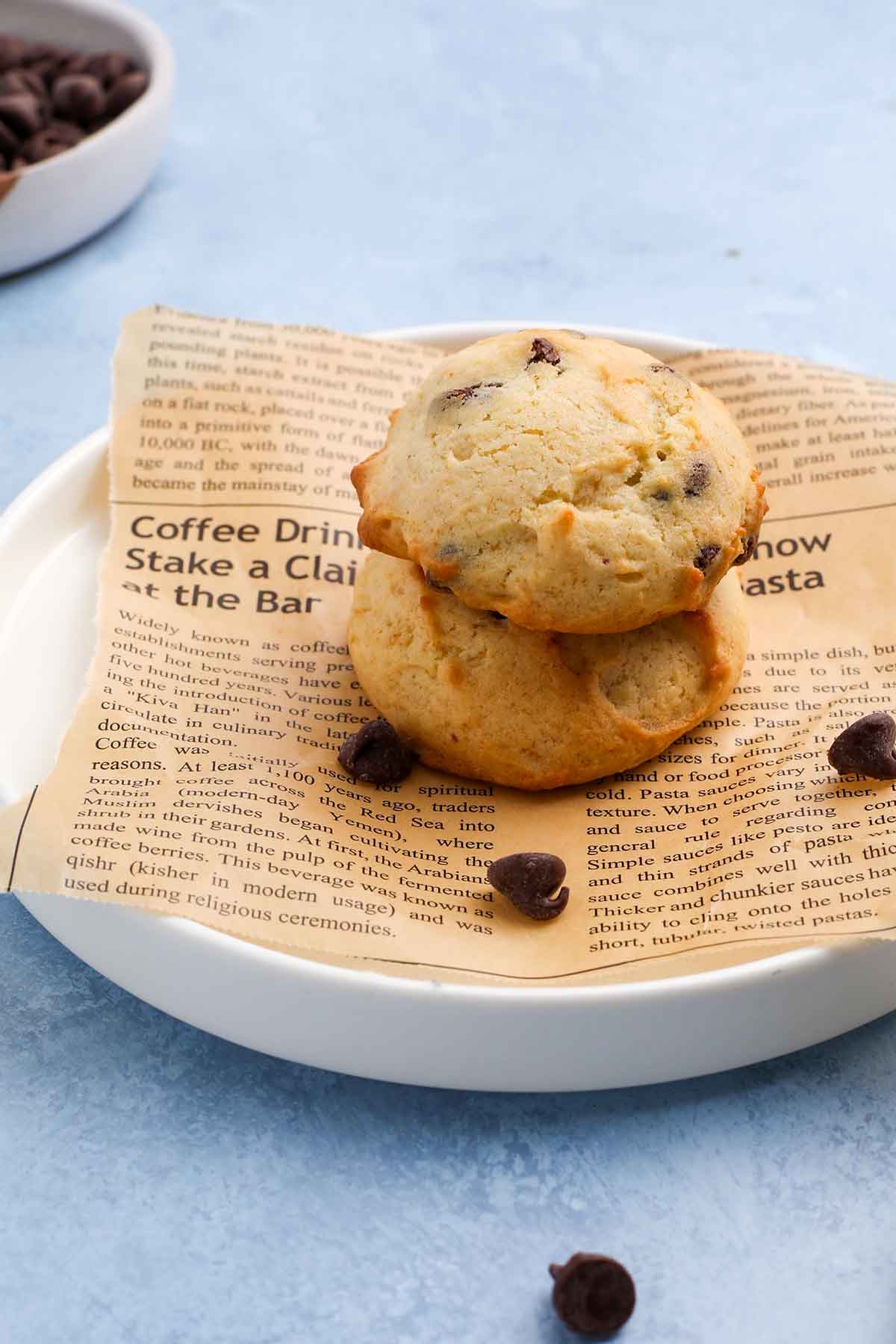 stack of cakey chocolate chip applesauce cookies on a plate