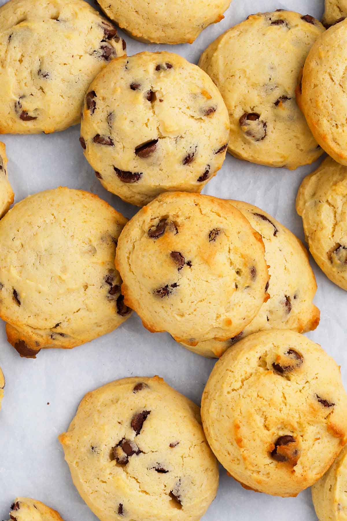 close-up of chewy applesauce chocolate chip cookies
