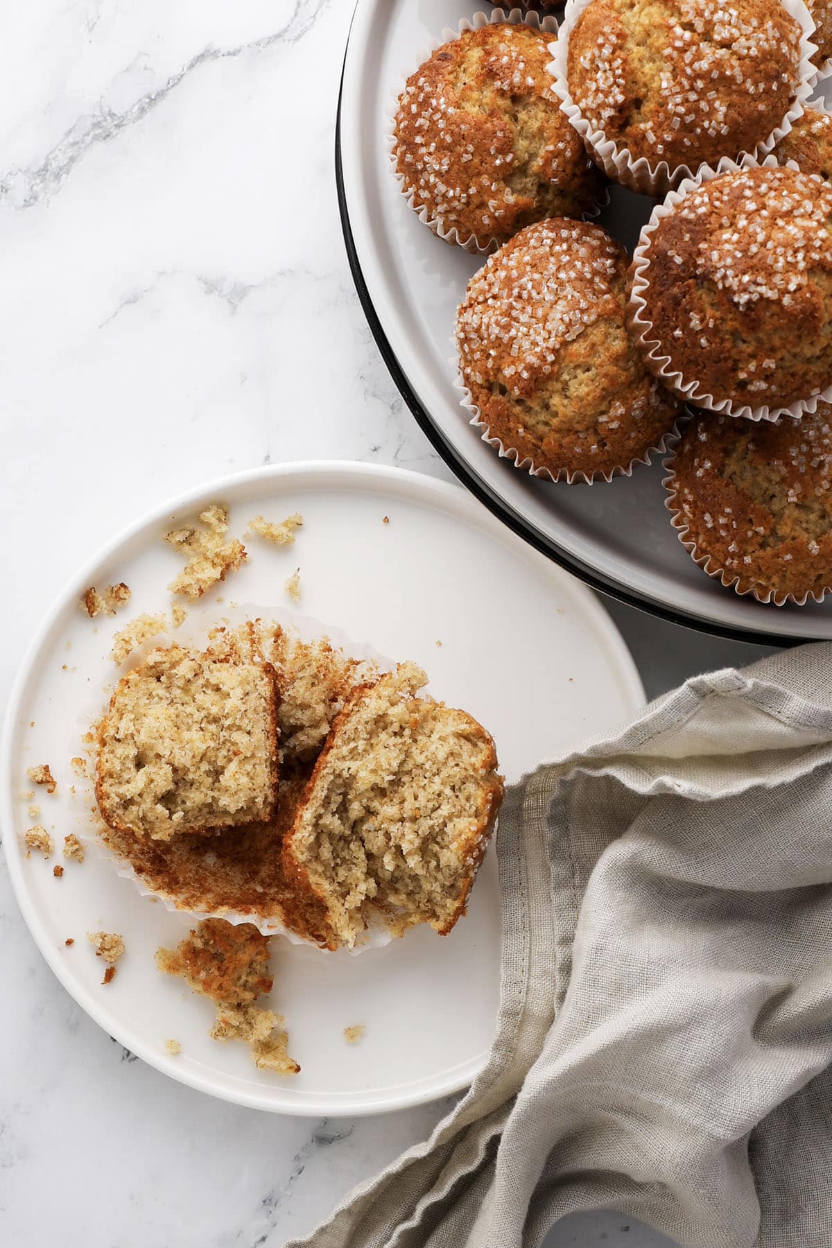 top down of whole wheat banana muffins on a plate