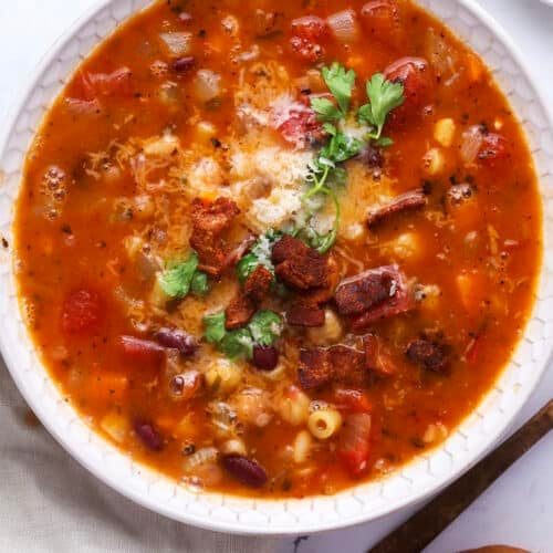 bowl of hearty minestrone soup with beans and pasta