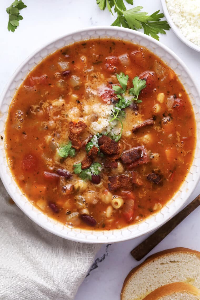 bowl of hearty minestrone soup with beans and pasta