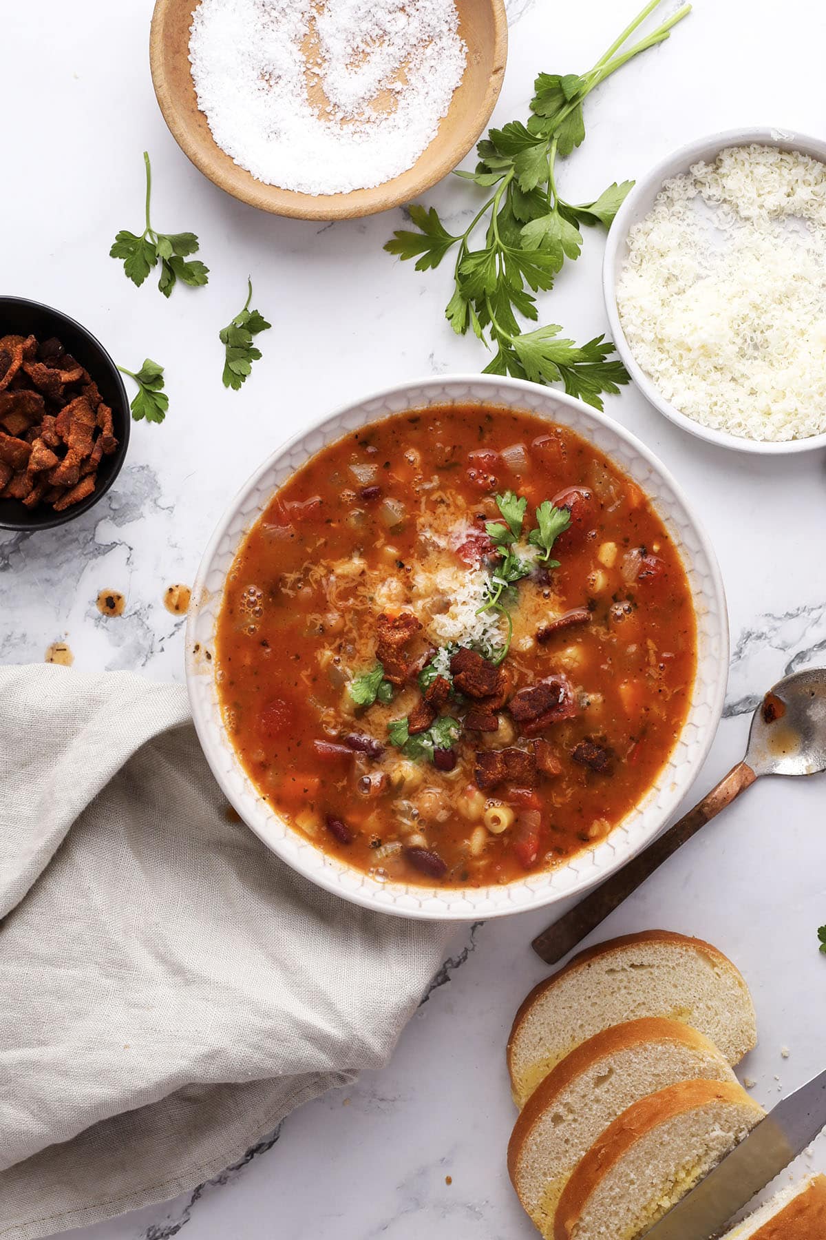 bowl of hearty minestrone soup with beans and pasta