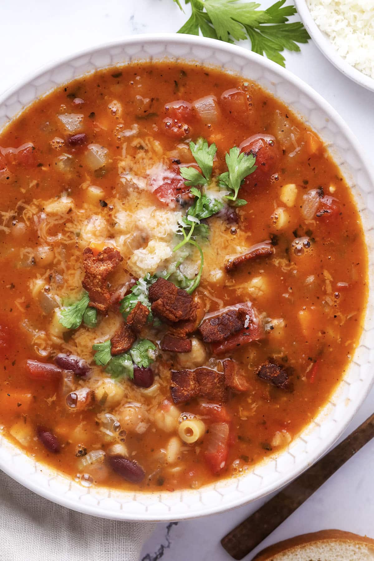 Close-up of homemade minestrone soup with bacon and ditalini