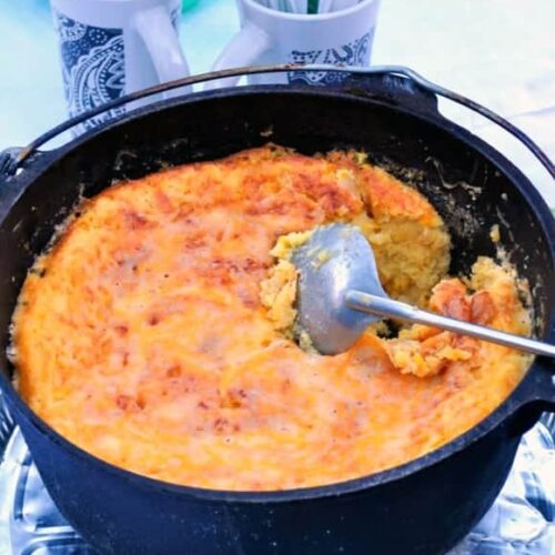 Dutch Oven Corn Casserole | farmgirlgourmet.com #glamping #camping
