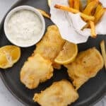close-up of tempura fish and chips on a plate