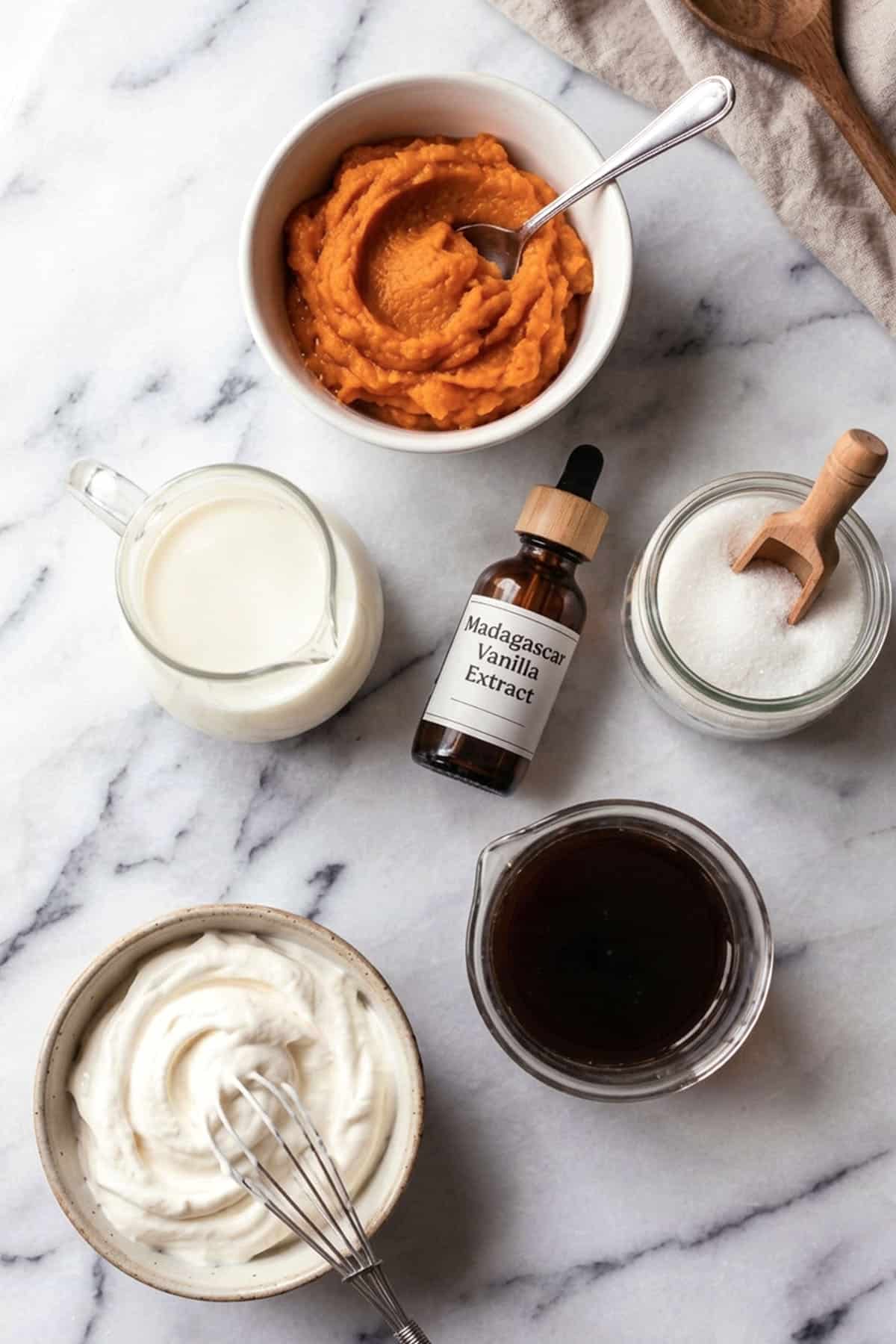 A marble surface with bowls of pumpkin puree, whipped cream, milk, and sugar, plus a bottle of Madagascar vanilla extract and a cup of dark syrup—perfectly arranged with some spoons and a whisk—sets the scene for crafting an easy pumpkin spice latte.