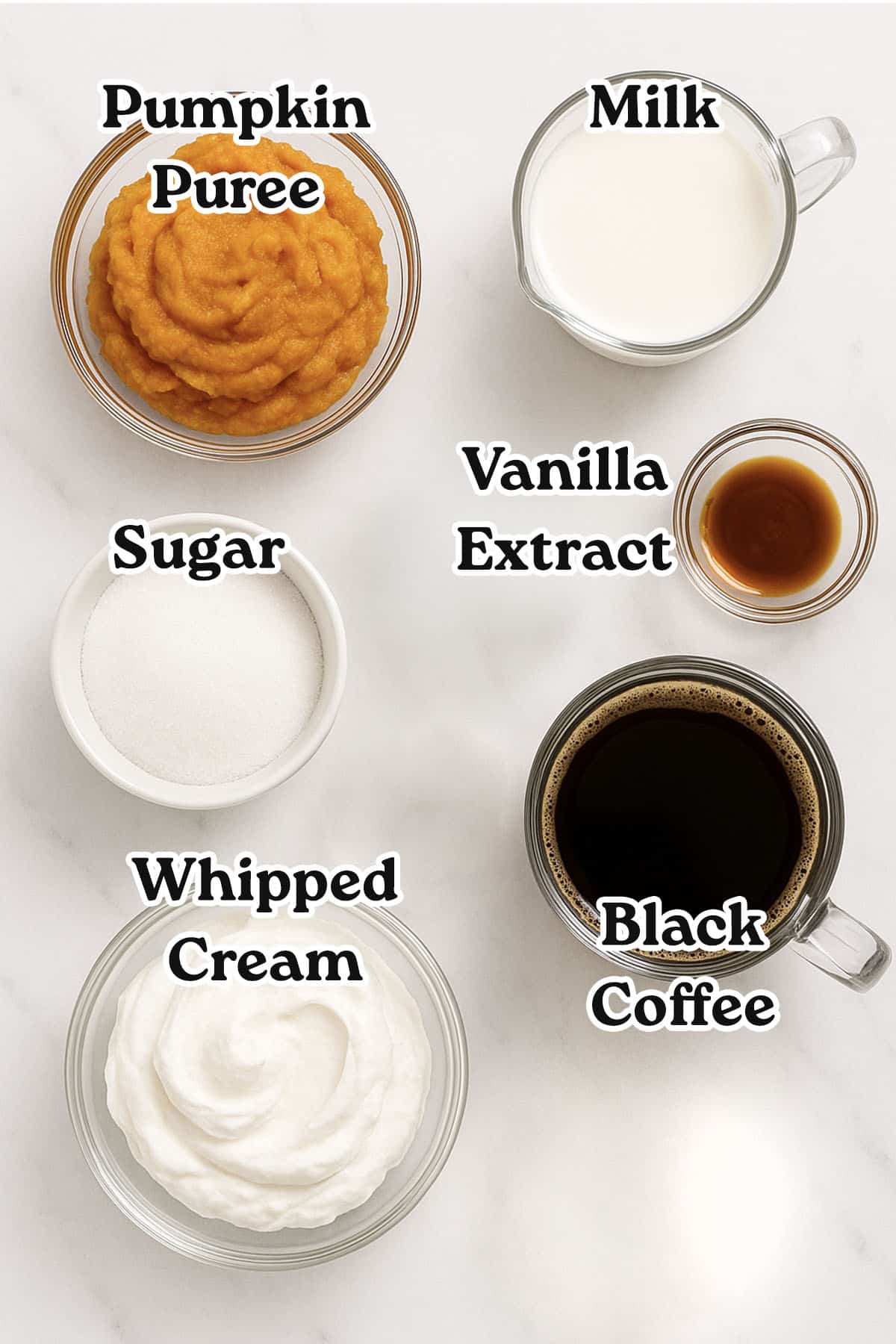 Flat lay of latte ingredients including pumpkin puree, pumpkin spice, and espresso