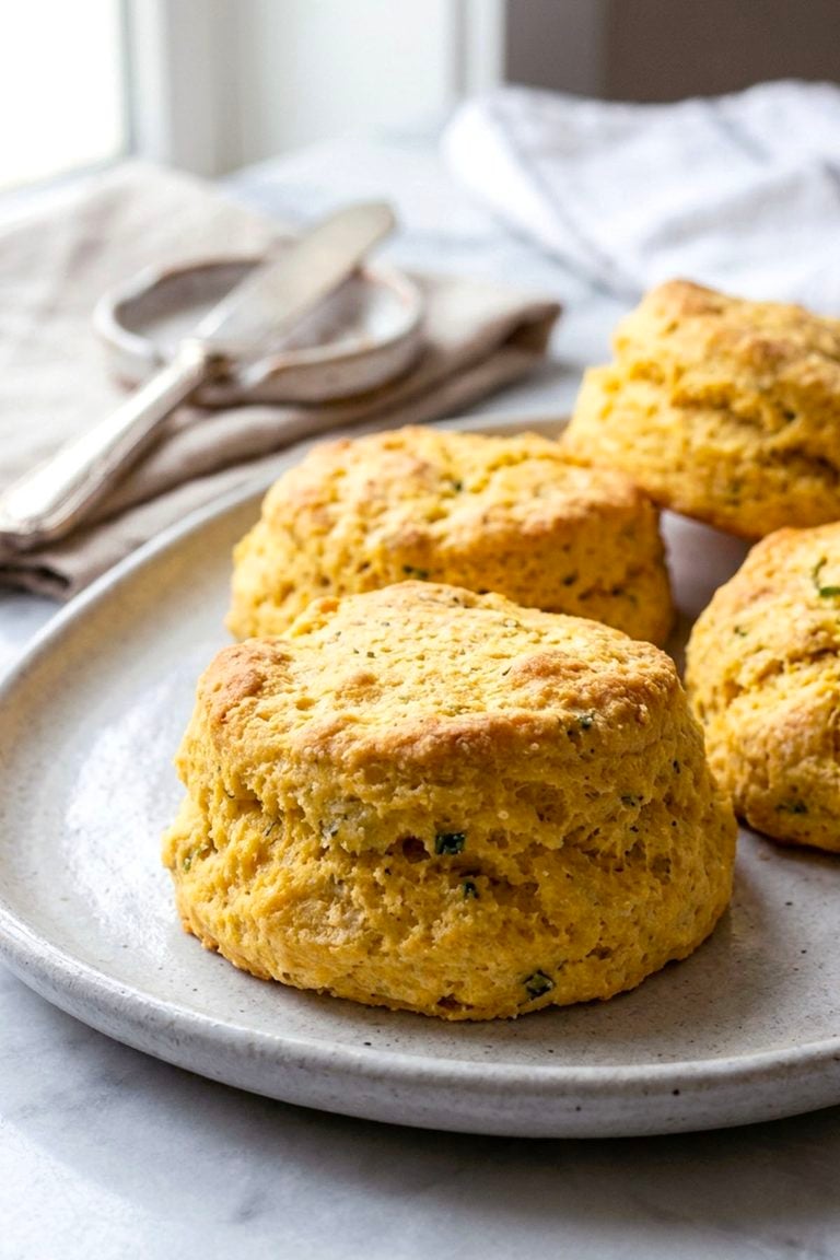 Three golden-brown savory butternut squash biscuits on a ceramic plate.