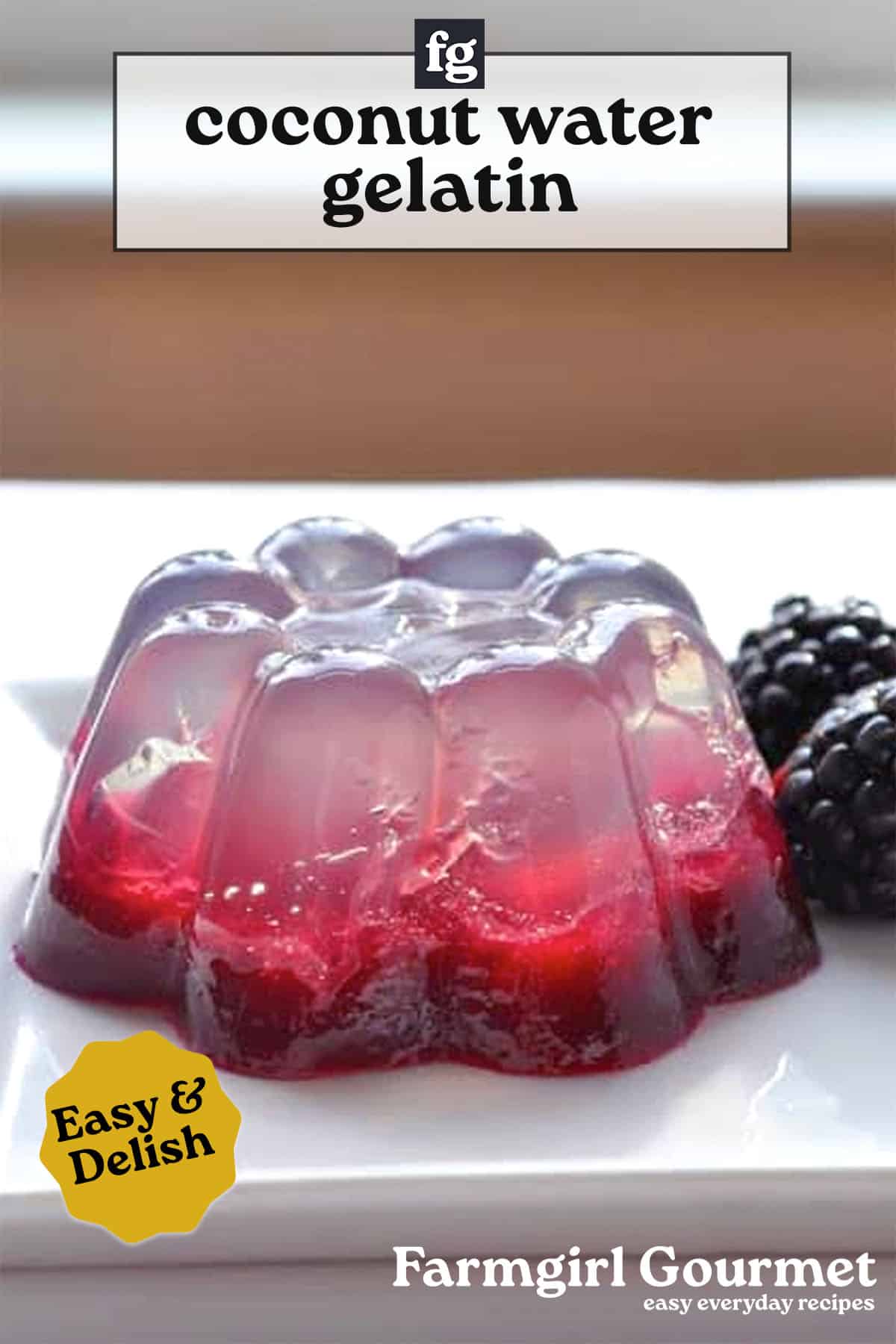 A beautiful flower-shaped coconut water gelatin dessert with embedded berries sits on a white plate, accompanied by fresh blackberries. The text reads coconut water gelatin and Easy & Delish.
