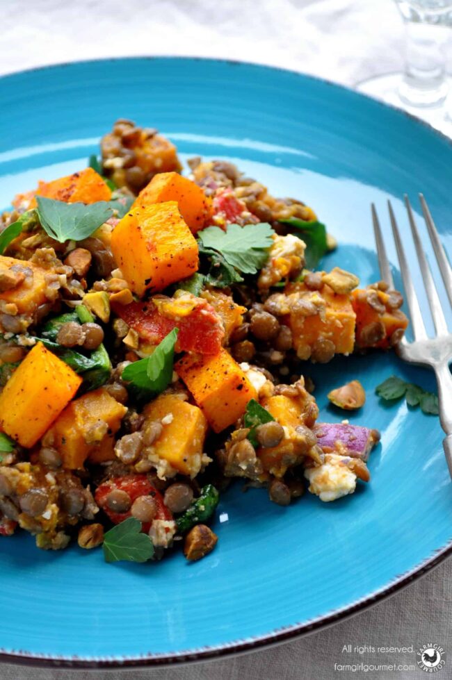 warm butternut squash, lentil and feta salad recipe