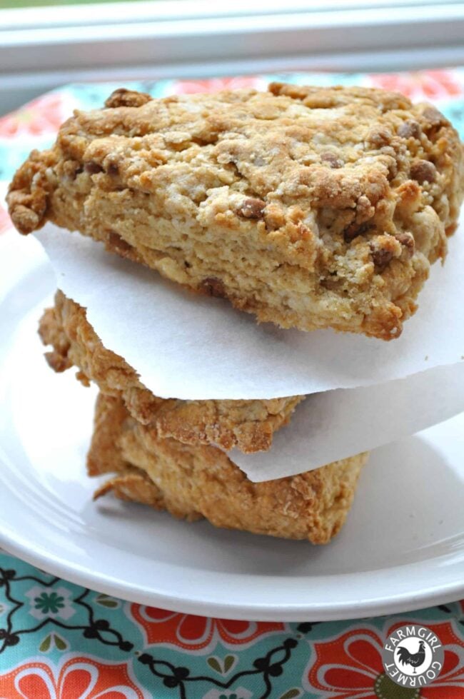 Two thick, golden-brown cinnamon yogurt scones are stacked on a white plate, separated by sheets of parchment paper. The plate sits on a colorful patterned tablecloth near a bright window.