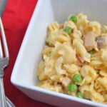 Mac & Cheese with Bacon, Caramelized Onions, and Peas
