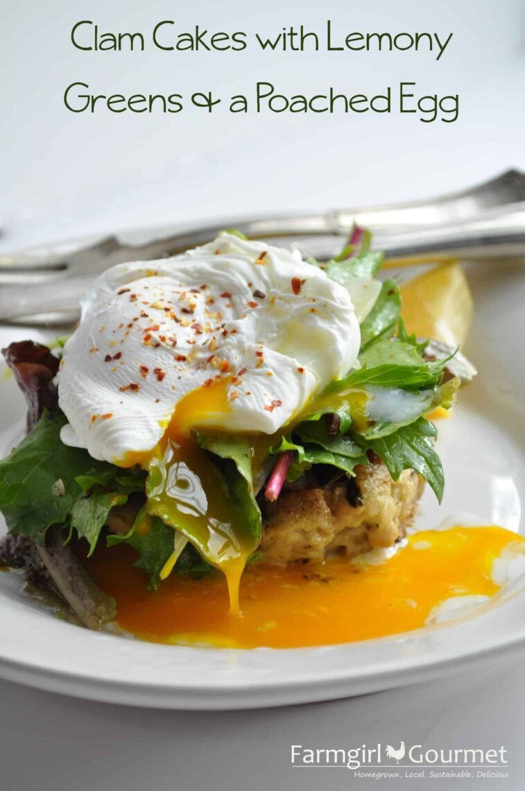 clam cakes with greens & poached egg