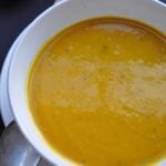 close up of roasted pumpkin soup in a bowl