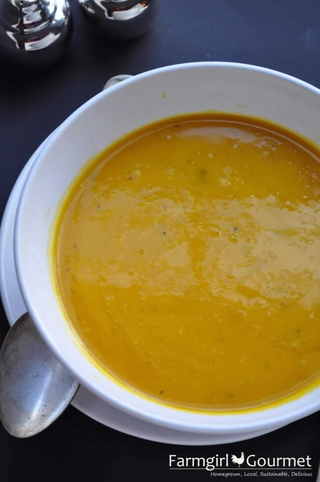 close up of roasted pumpkin soup in a bowl