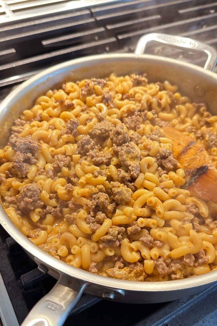 closeup of hamburger helper in a skillet