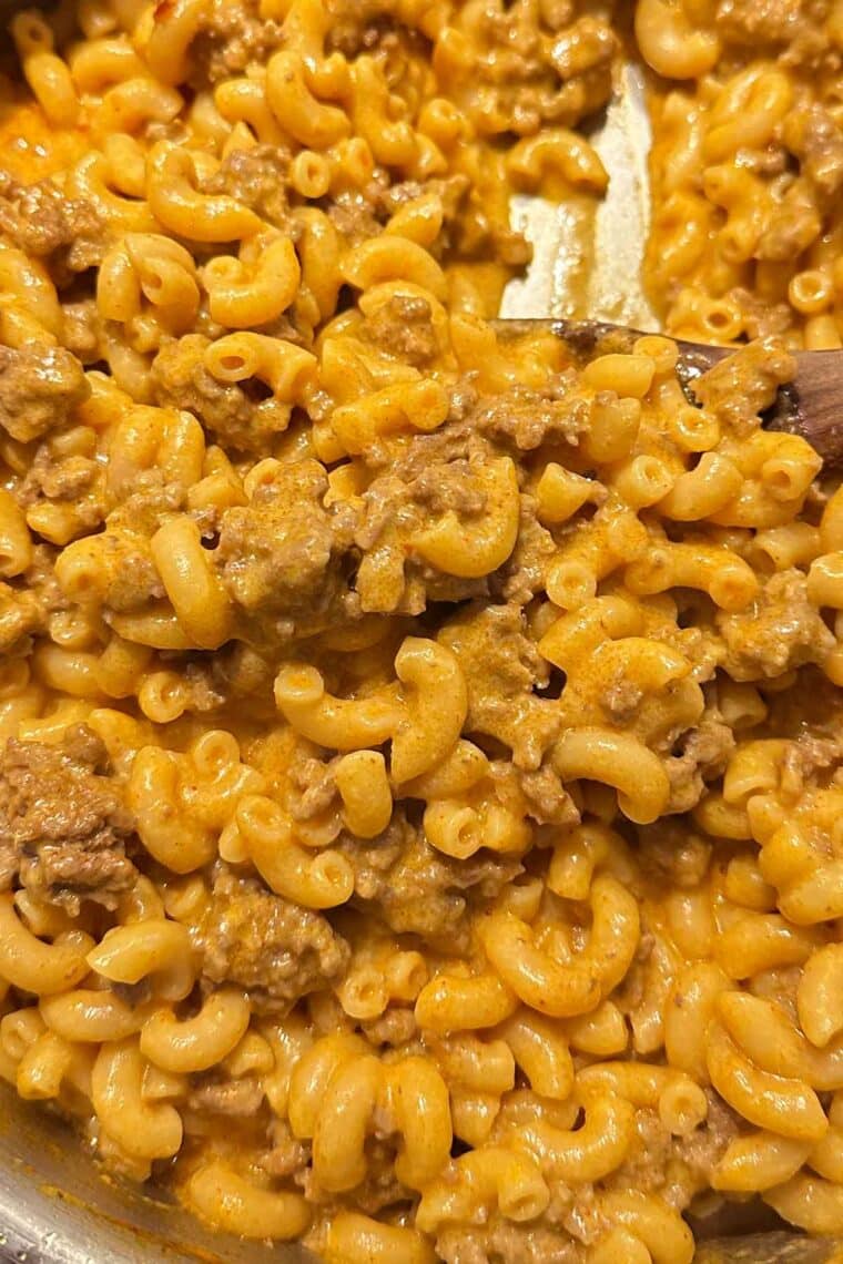 close up of homemade hamburger helper