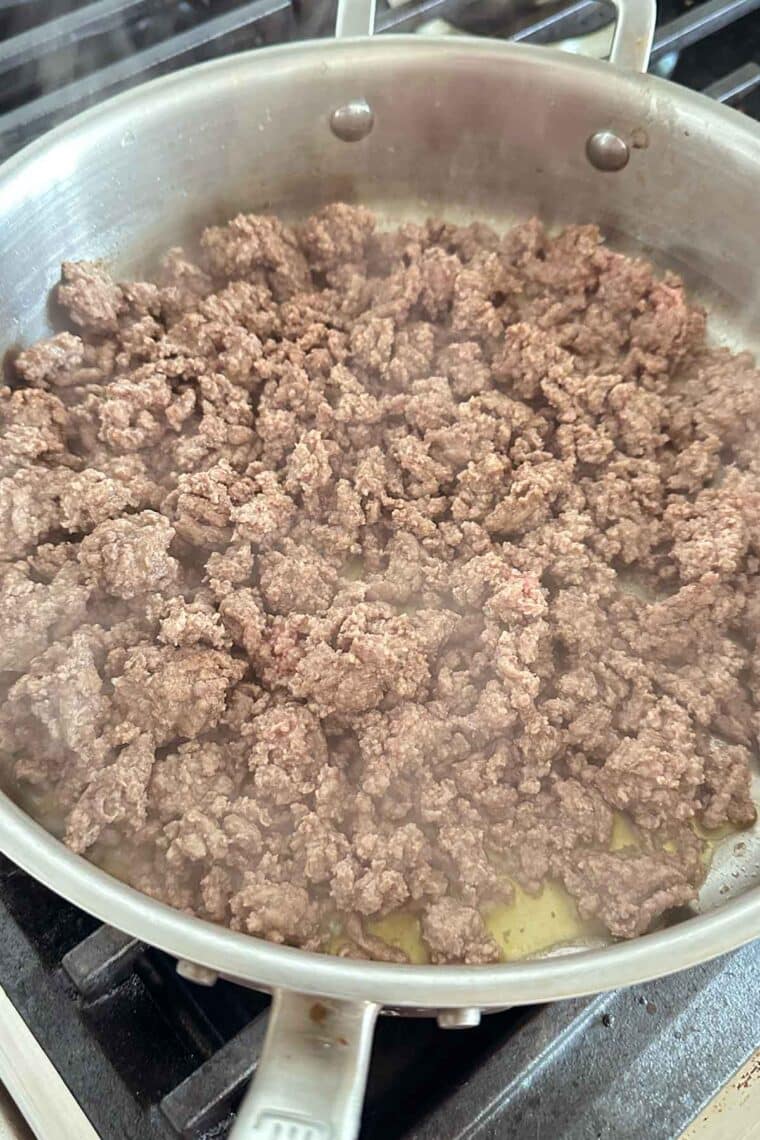 closeup of browned ground beef in a skillet