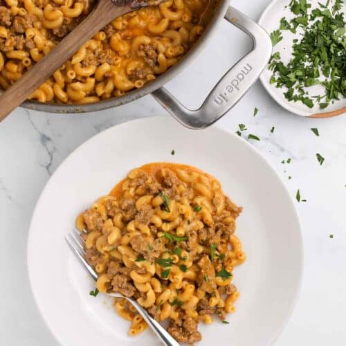 homemade hamburger helper on a white plate