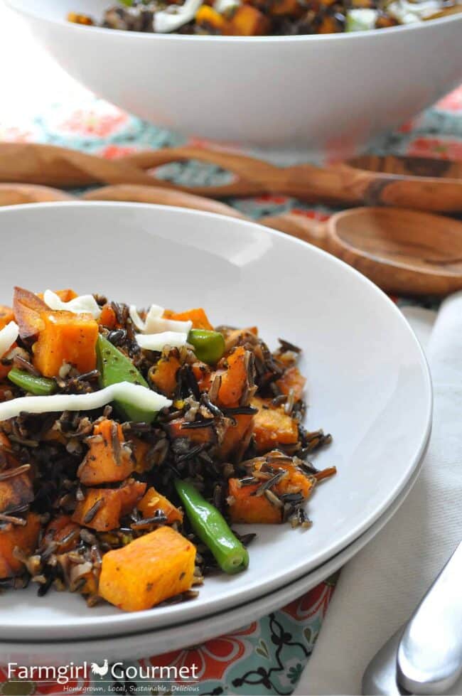 close up of pumpkin and wild rice salad on a white plate