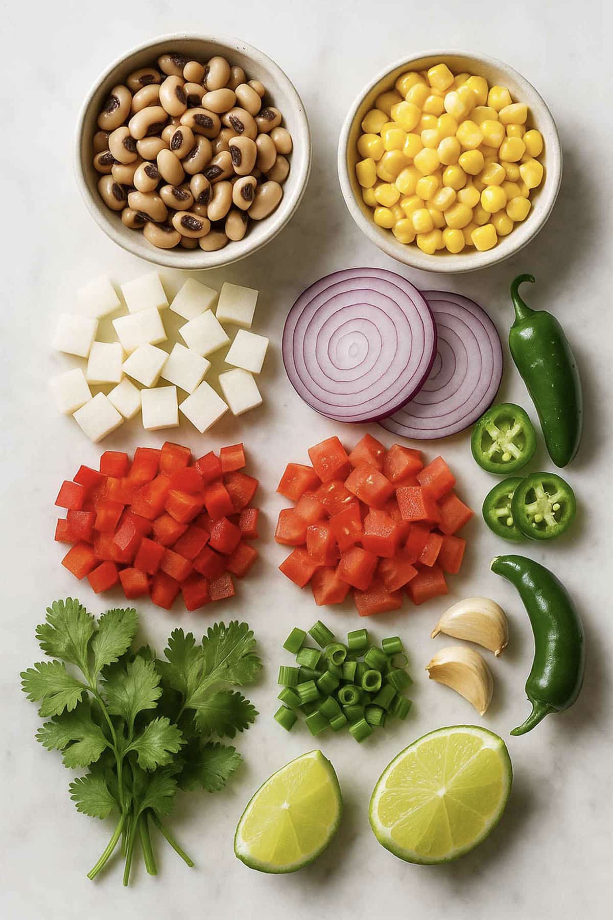 An overhead view of ingredients for Texas caviar: black-eyed peas, corn, cubed jicama, red onion, red bell pepper, tomato, jalapeño peppers, cilantro, green onions, garlic cloves, and halved limes on a white surface.