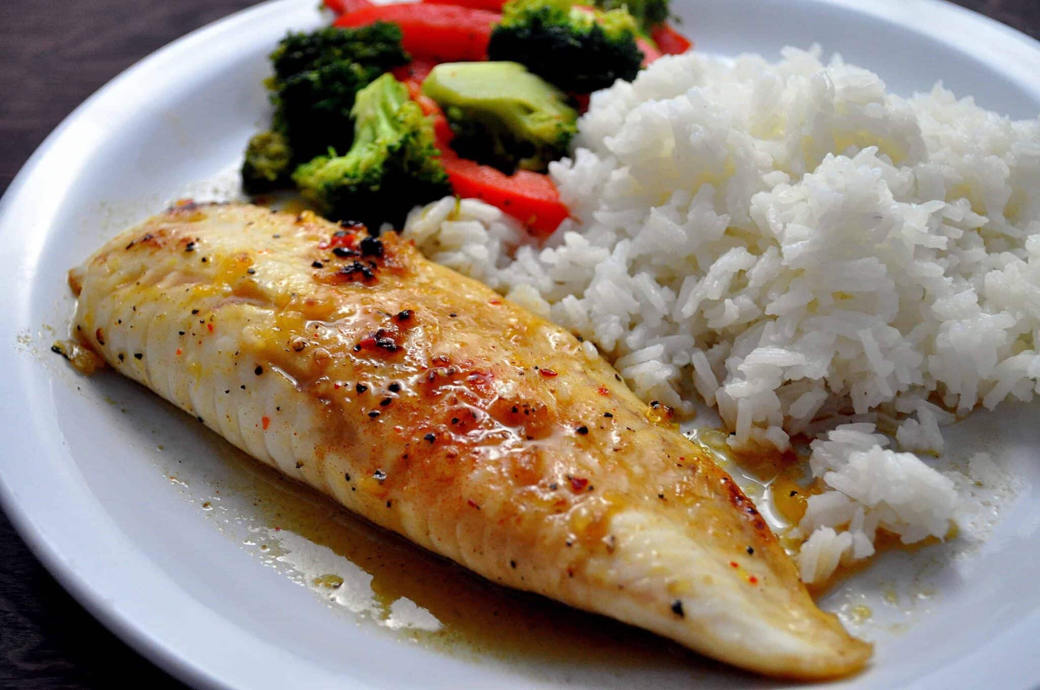 sweet and spicy tilapia with rice and veggies