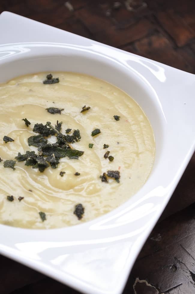 Creamy Sweet Potato Soup with Fried Sage | farmgirlgourmet.com