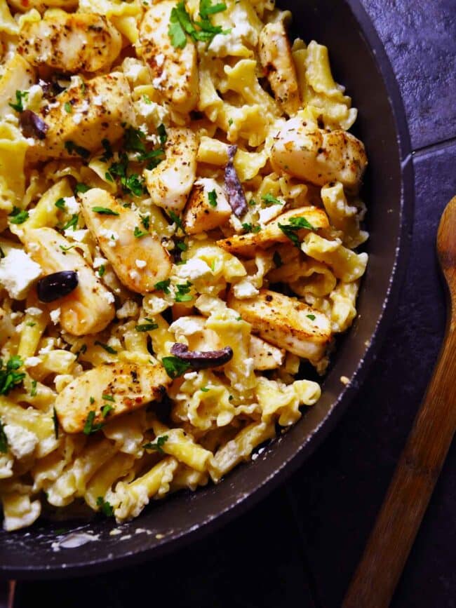pasta with tilapia olives in a yogurt sauce