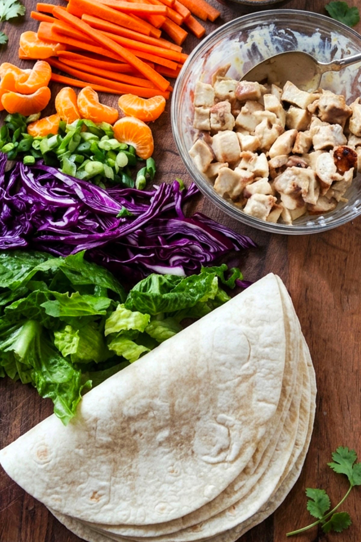 Tortillas, lettuce, purple cabbage, chopped green onions, orange slices, carrot sticks, and a bowl of diced chicken are arranged on a wooden surface, ready for assembling delicious Chinese chicken wraps.
