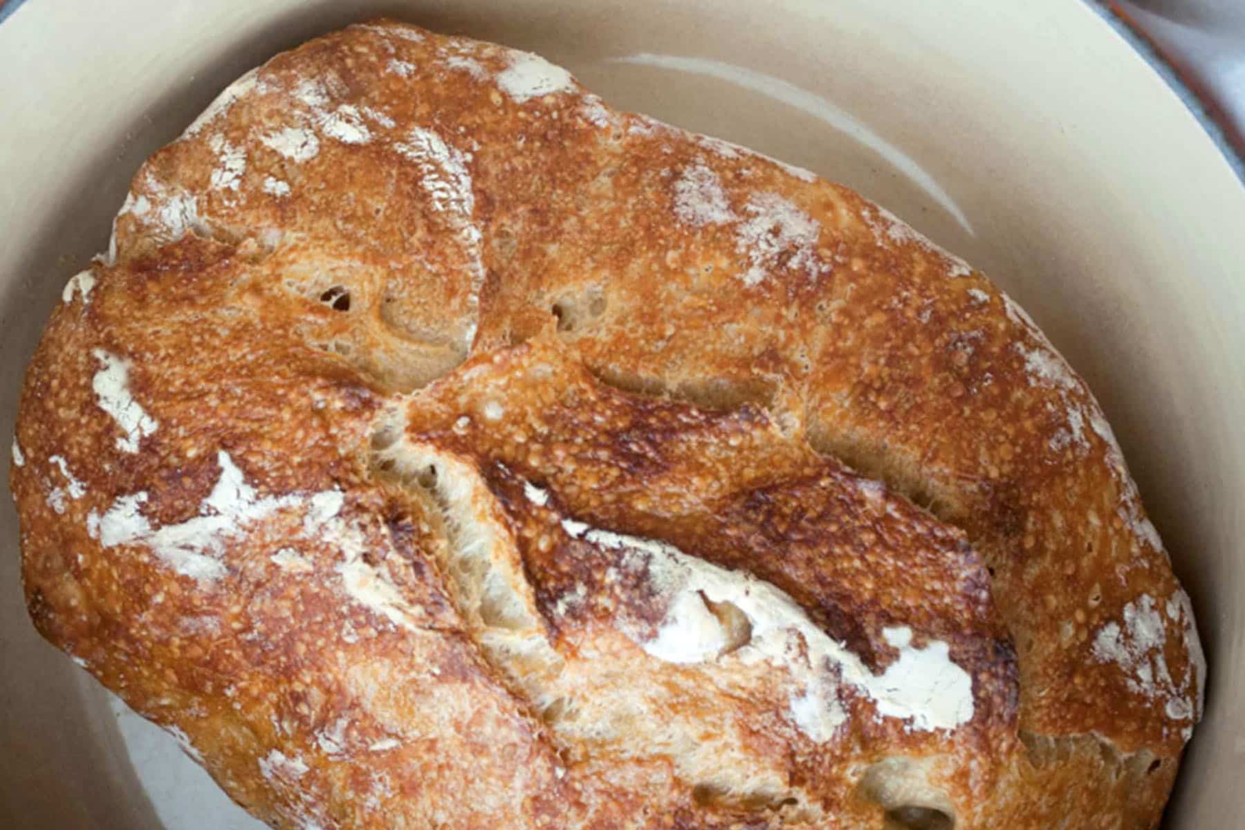 A golden-brown loaf of rustic, no knead bread with a crisp, cracked crust sits inside a round, light-colored Dutch oven.