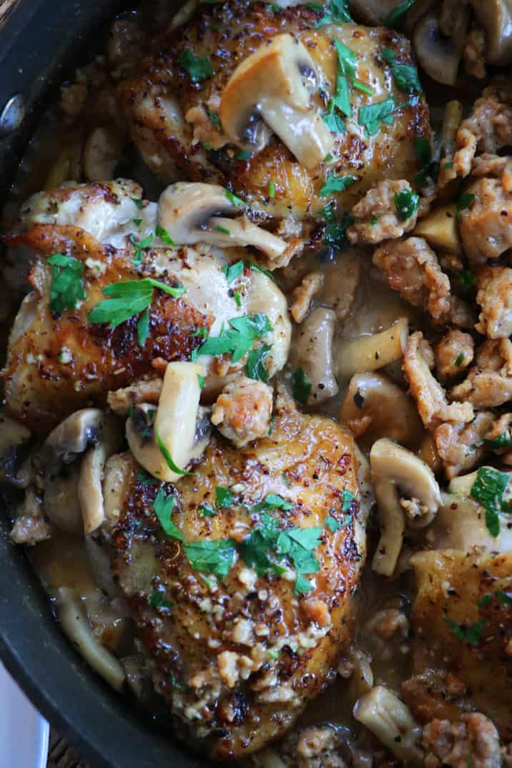 Chicken Thighs with Coconut, Sausage & Mushrooms | farmgirlgourmet.com
