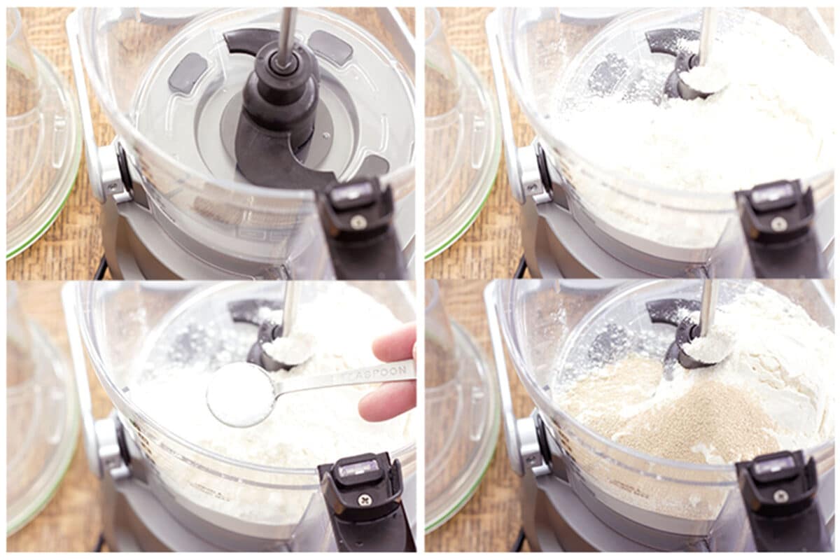 A collage of four images showing a food processor being filled with flour, a spoon of salt added, and yeast poured in—illustrating the steps for making easy 20 minute pizza dough.