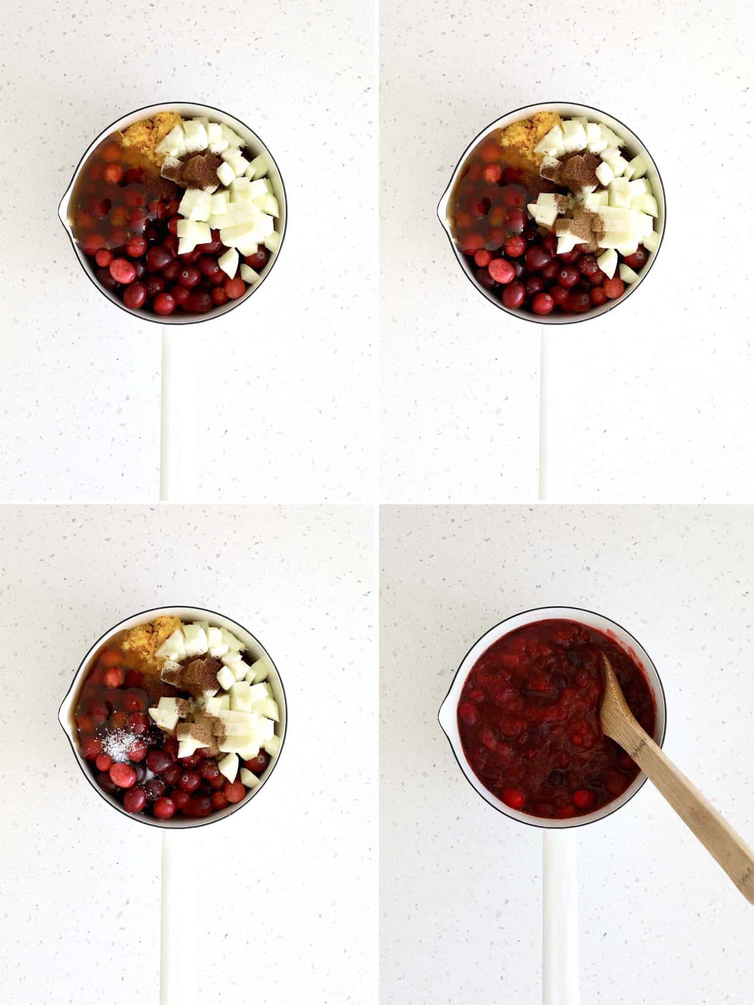 Four images show a pot on a white surface: ingredients for cranberry sauce—cherries, apples, sugar, and spices—are added, mixed, simmered, and stirred into a thick red sauce with a wooden spoon.