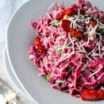 beetroot carbonara with bacon and peas