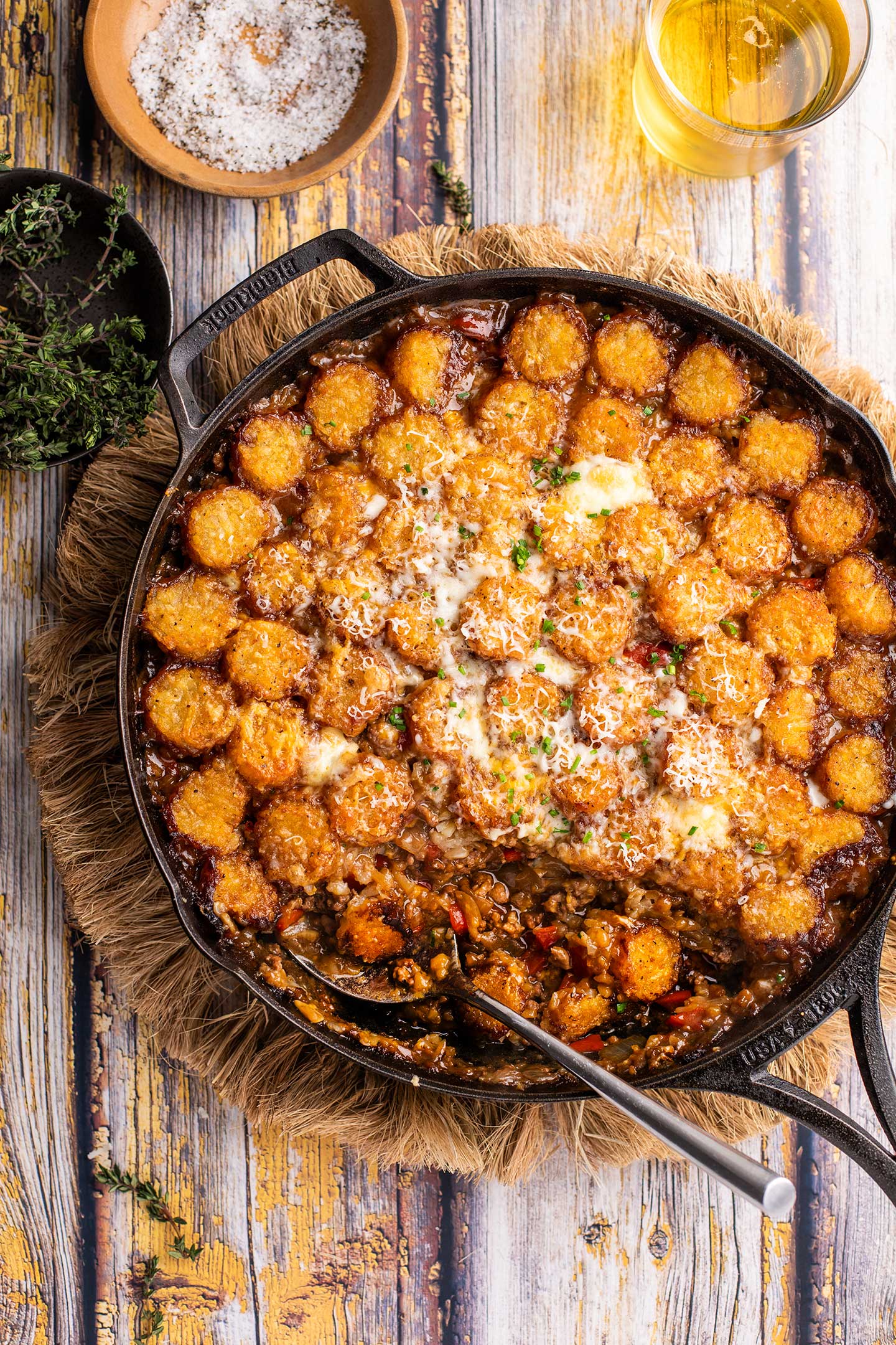 simple and elevated beef casserole with tater coins