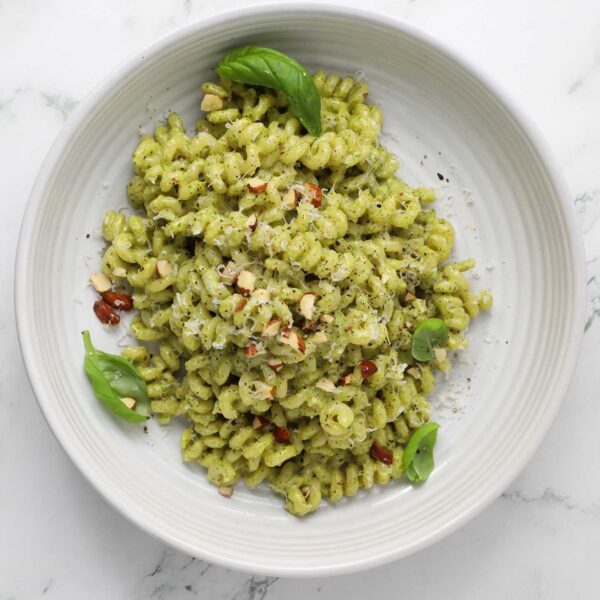 smoked almond pesto over cavatappi pasta