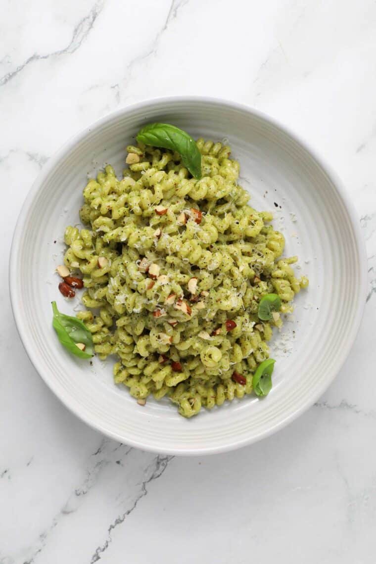 smoked almond pesto over cavatappi pasta