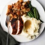 spatchcocked turkey with mashed potatoes and green beans
