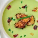 chilled pea soup with goat cheese croutons