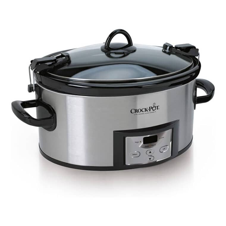 A stainless steel Crock-Pot slow cooker with a black lid and handles, featuring a digital control panel on the front and a secure locking mechanism on the sides.