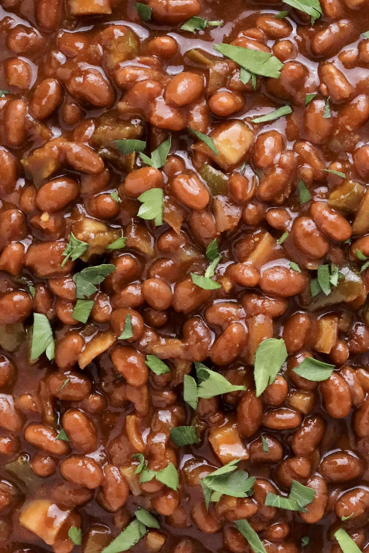 Close-up of easy slow cooker baked beans in a rich tomato sauce, garnished with chopped fresh parsley. The glossy beans are mixed with small pieces of vegetables for added flavor and texture.