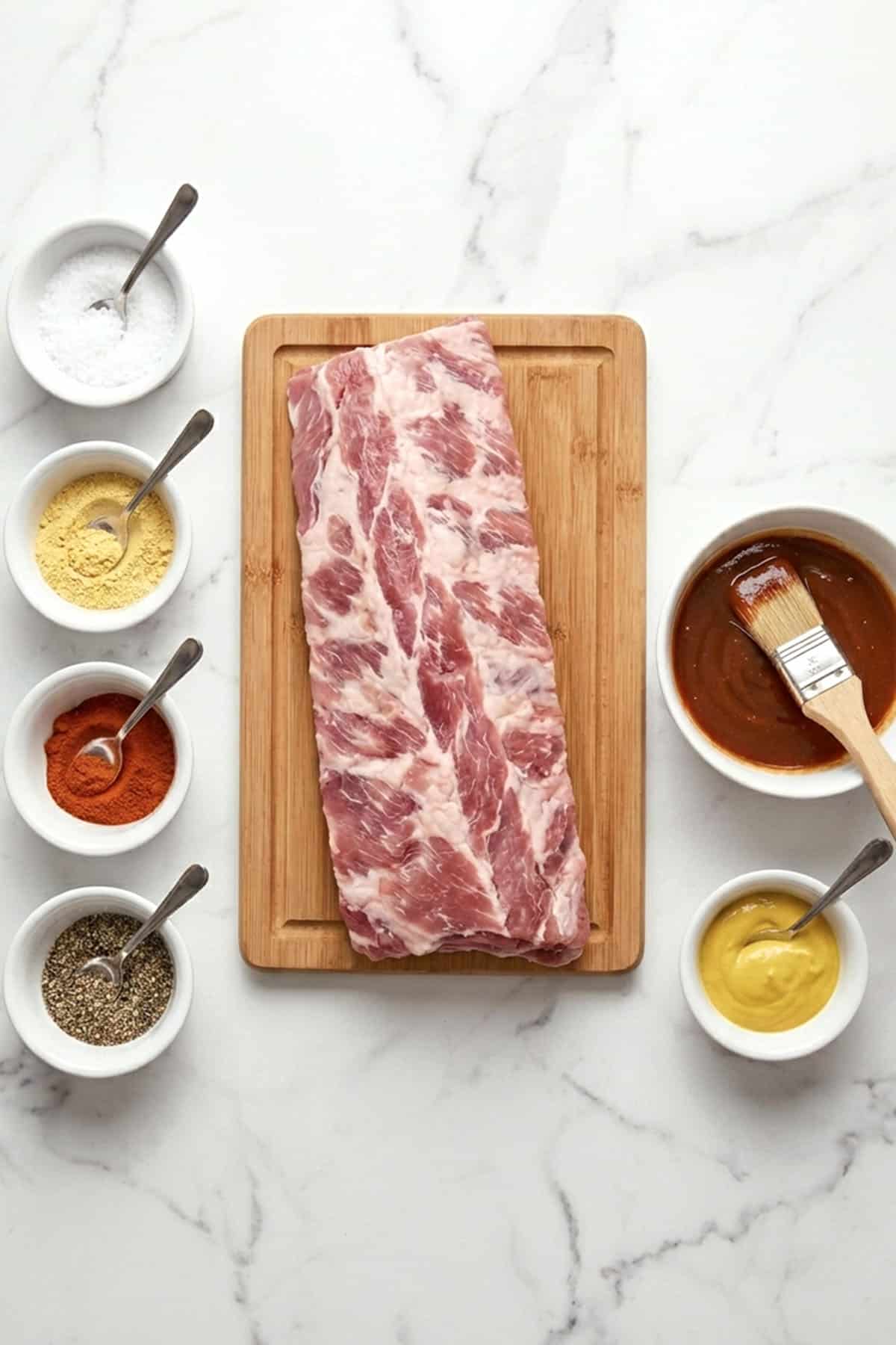 Raw pork ribs on a wooden cutting board, surrounded by seasonings and sauces—perfect for preparing flavorful oven-to-grill baby back ribs—set atop a white marble surface.