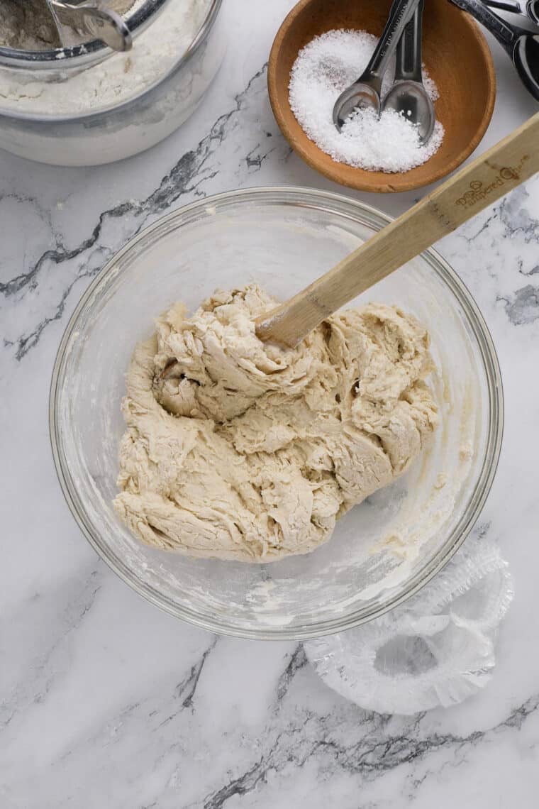 a craggy bread dough in a large bowl