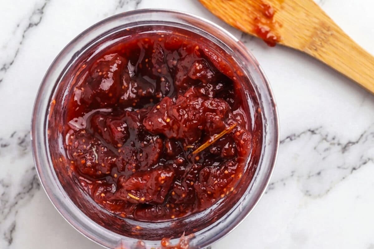 A glass jar filled with chunky red strawberry jam sits on a white marble surface next to a wooden spoon with traces of rosemary fig jam.