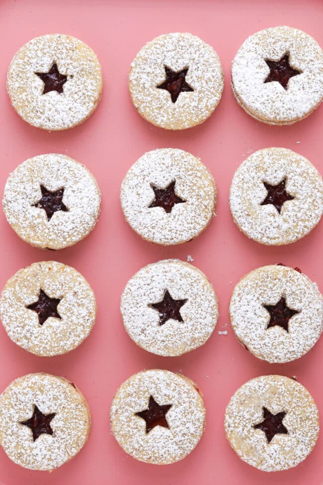 Almond Linzer cookies dusted with powdered sugar