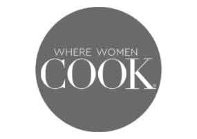 A gray circle features the words WHERE WOMEN COOK in white, all-capital letters, with COOK in a larger font size, making it clear what the design is about.
