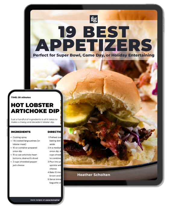 A tablet displays an e-book cover titled 19 Best Appetizers featuring a close-up of a sandwich with pickles and onions. In front, a phone screen shows a recipe for Hot Lobster Artichoke Dip with ingredients and instructions listed.