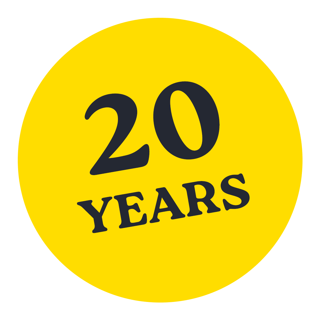 A bright yellow circle with the text 20 YEARS in bold black letters, with 20 larger and above YEARS.